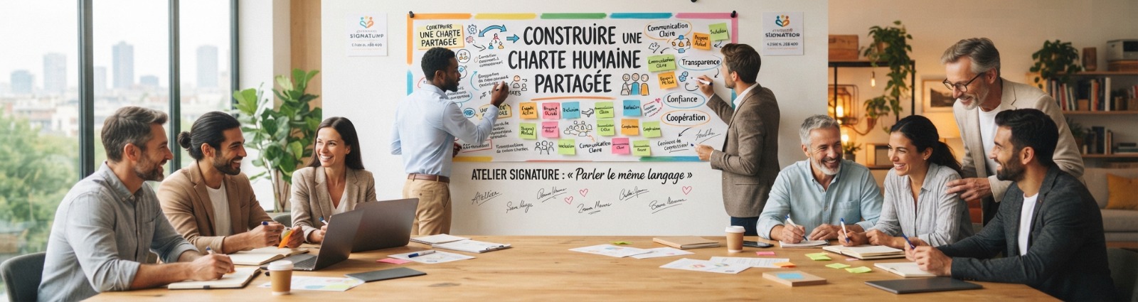 Atelier Construire une charte humaine partagée, équipe autour d'un paperboard