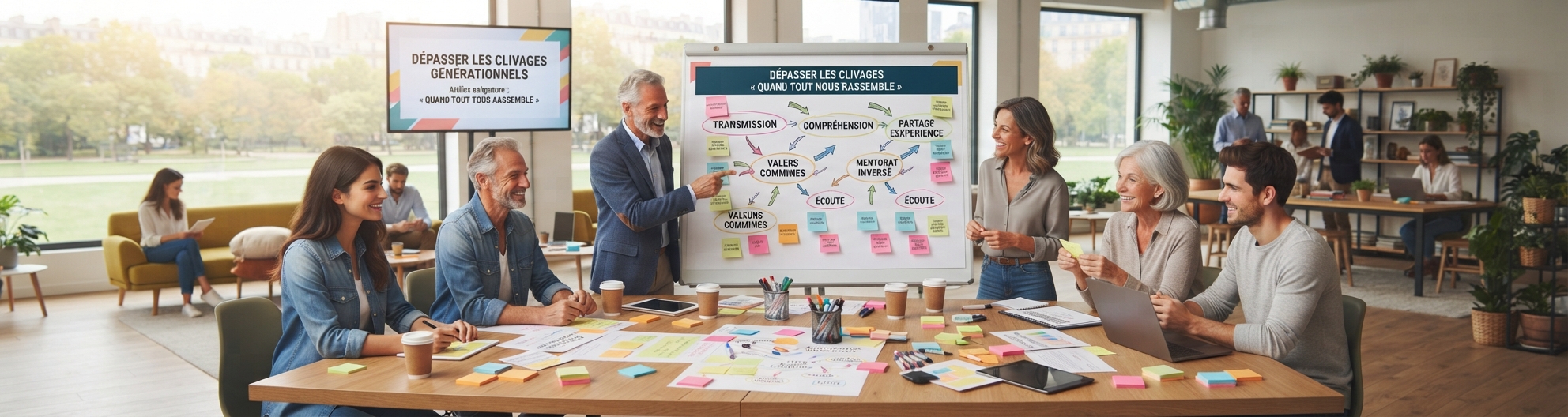 Atelier Dépasser les clivages générationnels, équipe autour d'un tableau