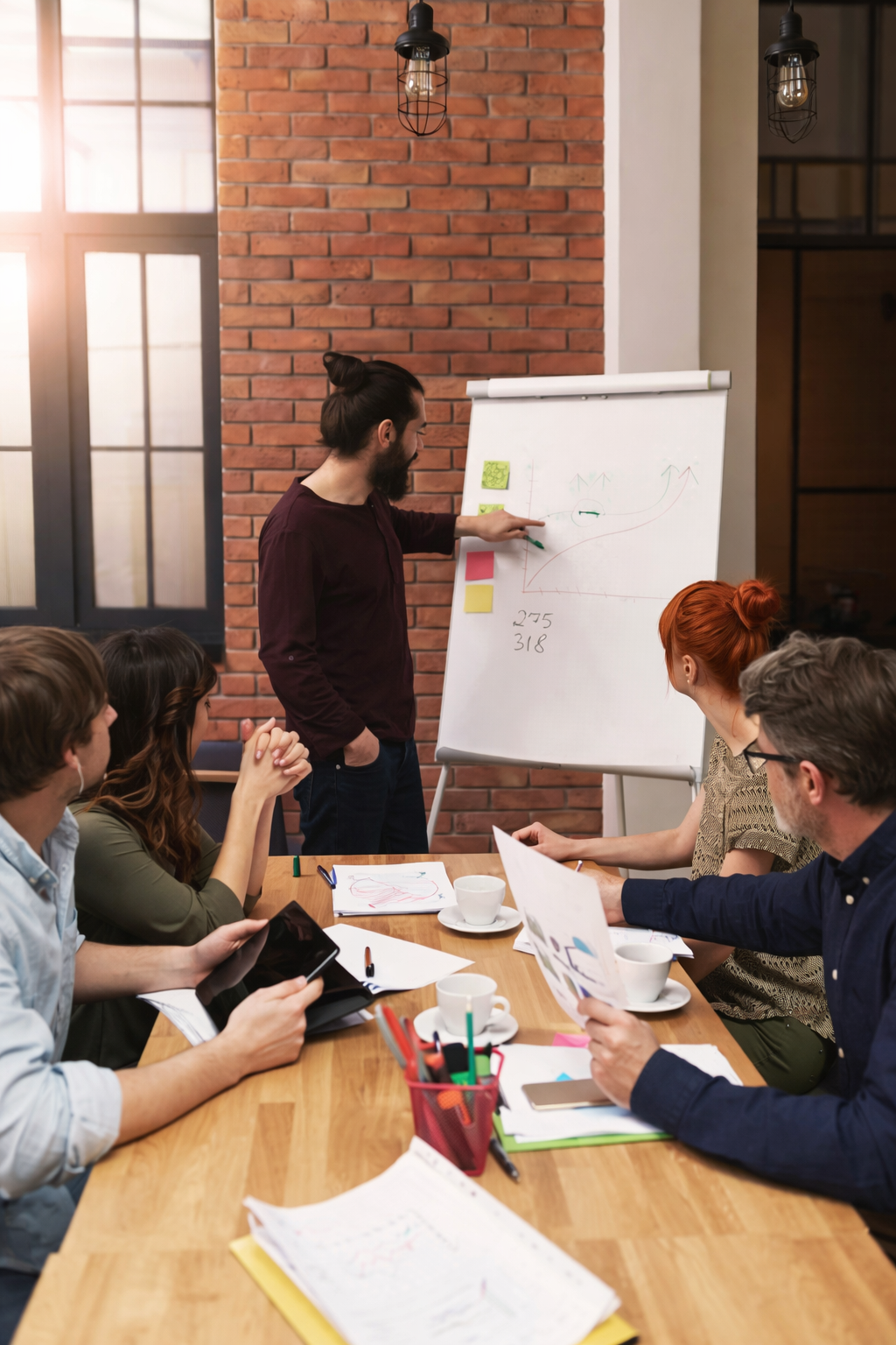 Équipe en brainstorm devant un paperboard